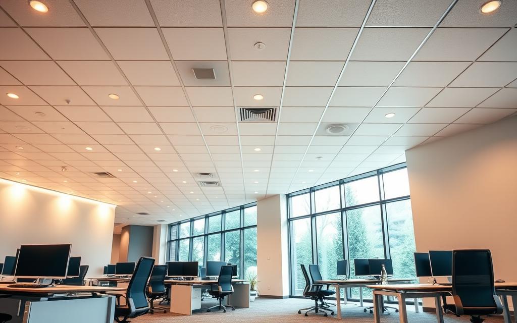 A brightly lit office space, illuminated by a grid of recessed ceiling lights casting a warm, even glow across the room. Sleek, modern desks and chairs line the interior, creating a professional and efficient work environment. The walls are painted a soft, neutral tone, enhancing the sense of openness and clarity. Through the large windows, natural daylight filters in, complementing the artificial lighting and creating a harmonious balance. The overall atmosphere is one of productivity, comfort, and financial wellbeing, reflecting the importance of proper illumination in the workplace.