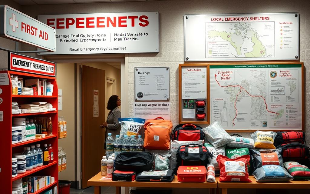 A bustling community center, its facade adorned with emergency preparedness signage. In the foreground, a well-stocked first aid station, meticulously organized with bandages, antiseptics, and essential medical supplies. The middle ground showcases a display of emergency kits, each containing critical survival gear - flashlights, bottled water, non-perishable food, and emergency blankets. In the background, a bulletin board features maps highlighting evacuation routes and local emergency shelters, illuminated by soft, diffused lighting. The scene conveys a sense of readiness and resilience, capturing the essence of effective disaster planning strategies.