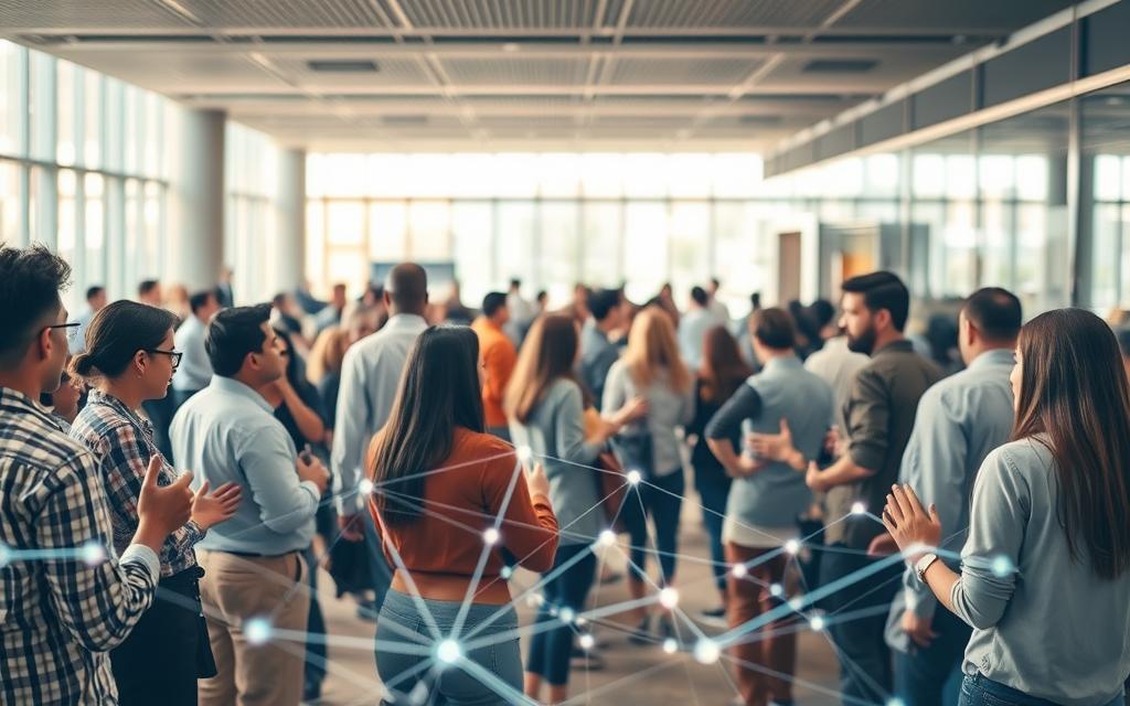 A bustling community hub, alive with dynamic interactions. In the foreground, a group of diverse individuals engaged in lively discussions, their hands gesturing as they exchange ideas. The middle ground reveals a network of interconnected lines, symbolizing the flow of information and collaboration. In the background, a modern architectural landscape with clean lines and glass facades, reflecting the seamless integration of technology. Warm, diffused lighting creates a welcoming atmosphere, emphasizing the sense of connection and unity. Captured with a wide-angle lens, the scene conveys a sense of inclusion and camaraderie, embodying the essence of "networking community collaboration."