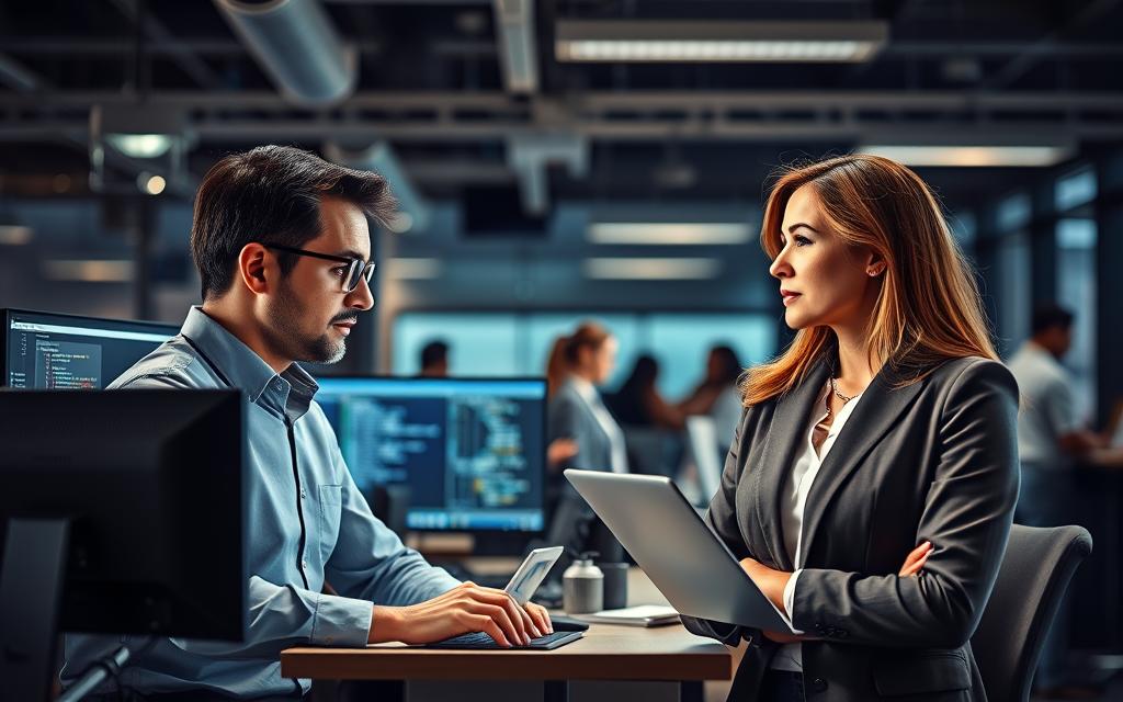 A bustling corporate office backdrop, with a foreground showcasing two individuals in contrast - one focused on technical skills, the other on workplace competencies. The technical specialist, surrounded by computer screens and coding interfaces, exudes a methodical, analytical aura. Opposite, the workplace skills expert radiates a poised, interpersonal presence, engaged in collaborative discussions. Subtle lighting casts a professional, goal-oriented ambiance, accentuating the duality of essential skills required for career advancement. The overall scene conveys the significance of balancing technical aptitude and workplace acumen in unlocking professional development success. A bustling corporate office backdrop, with a foreground showcasing two individuals in contrast - one focused on technical skills, the other on workplace competencies. The technical specialist, surrounded by computer screens and coding interfaces, exudes a methodical, analytical aura. Opposite, the workplace skills expert radiates a poised, interpersonal presence, engaged in collaborative discussions. Subtle lighting casts a professional, goal-oriented ambiance, accentuating the duality of essential skills required for career advancement. The overall scene conveys the significance of balancing technical aptitude and workplace acumen in unlocking professional development success.