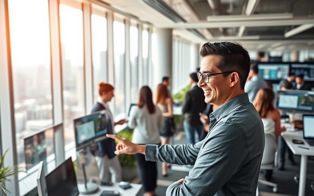 A bustling modern office, flooded with natural light from large windows. In the foreground, a smiling employee effortlessly navigates a sleek, intuitive software interface on a high-resolution touchscreen. Surrounding them, colleagues collaborate seamlessly, their attention focused on data-rich dashboards and productivity-boosting applications. The middle ground features a panoramic view of the city skyline, symbolizing the global reach and scale of the thriving enterprise. The overall atmosphere conveys a sense of streamlined efficiency, technological mastery, and a forward-thinking business ethos.