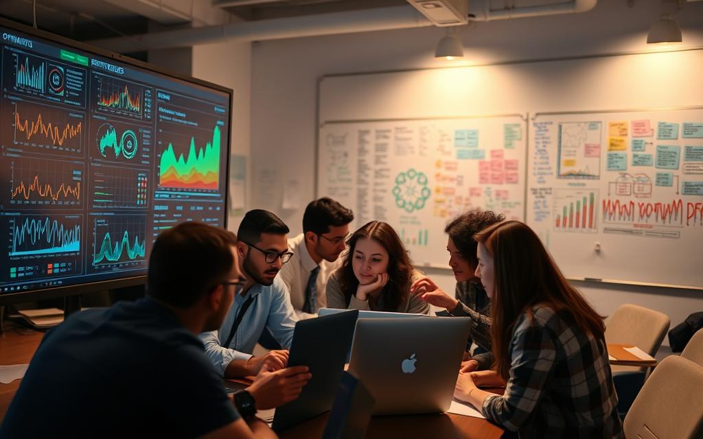 A bustling office scene, with a team of professionals deeply engrossed in data analysis. In the foreground, a large screen displays intricate charts and graphs, illuminating insights into their workflow processes. The team huddles around laptops, gesturing animatedly as they discuss optimization strategies, their faces lit by the warm glow of the monitors. In the background, a whiteboard is covered in colorful notes and diagrams, a testament to their collaborative efforts. The lighting is soft and diffused, creating a focused, contemplative atmosphere. The image conveys a sense of purposeful, data-driven decision-making, as the team seeks to unlock their full potential through rigorous analysis and process improvement. A bustling office scene, with a team of professionals deeply engrossed in data analysis. In the foreground, a large screen displays intricate charts and graphs, illuminating insights into their workflow processes. The team huddles around laptops, gesturing animatedly as they discuss optimization strategies, their faces lit by the warm glow of the monitors. In the background, a whiteboard is covered in colorful notes and diagrams, a testament to their collaborative efforts. The lighting is soft and diffused, creating a focused, contemplative atmosphere. The image conveys a sense of purposeful, data-driven decision-making, as the team seeks to unlock their full potential through rigorous analysis and process improvement.