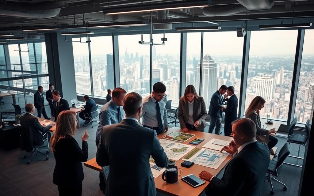 A bustling scene of emergency plan implementation unfolding in a modern office setting. The foreground showcases a team of professionals in crisp business attire gathered around a conference table, poring over detailed schematics and maps. Subtle lighting from overhead fixtures casts a warm, focused glow, highlighting the concentration on their faces as they coordinate response strategies. In the middle ground, support staff hurriedly type on computers, disseminating information and updates. The background reveals a vast, open-concept workspace with floor-to-ceiling windows, offering a panoramic view of a dynamic city skyline, hinting at the broader context of the emergency situation. An atmosphere of calculated urgency and professionalism pervades the scene, reflecting the importance of effective emergency plan implementation.