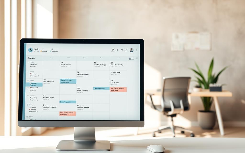 A clean, modern digital calendar interface with clear, easy-to-read scheduling details. The foreground features a desktop computer screen displaying a sleek calendar app, with various appointments and tasks neatly organized. The middle ground showcases a minimalist, clutter-free workspace with a stylish desk, ergonomic chair, and potted plant. The background maintains a softly blurred, yet subtly textured wall, creating a peaceful, focused atmosphere. Warm, natural lighting bathes the scene, highlighting the calendar's crisp, intuitive design. The overall mood conveys a sense of productivity, organization, and simplicity.