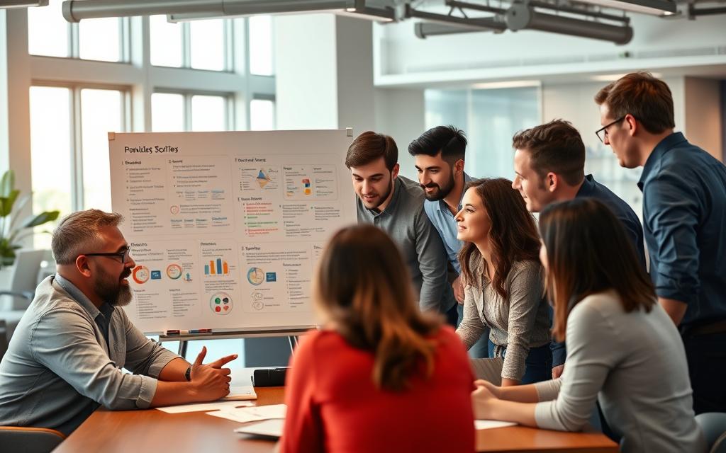 A collaborative agile team gathered around a table, deep in discussion. The foreground features the team members - a diverse group of professionals, each with a distinct role and expertise. They lean in, engaged in lively conversation, gesturing with purpose. The middle ground showcases a large whiteboard, covered in colorful diagrams, user stories, and task lists. Warm lighting casts a subtle glow, creating an atmosphere of focused collaboration. In the background, the office space is modern and open, with sleek furniture and large windows allowing natural light to filter in. The overall scene captures the dynamic, iterative nature of agile project management, where a talented, cross-functional team works together towards a common goal. A collaborative agile team gathered around a table, deep in discussion. The foreground features the team members - a diverse group of professionals, each with a distinct role and expertise. They lean in, engaged in lively conversation, gesturing with purpose. The middle ground showcases a large whiteboard, covered in colorful diagrams, user stories, and task lists. Warm lighting casts a subtle glow, creating an atmosphere of focused collaboration. In the background, the office space is modern and open, with sleek furniture and large windows allowing natural light to filter in. The overall scene captures the dynamic, iterative nature of agile project management, where a talented, cross-functional team works together towards a common goal.