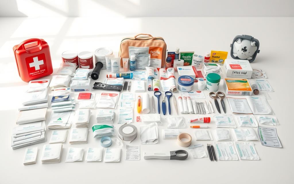 A comprehensive first aid kit laid out on a clean, white surface, bathed in soft, natural lighting. In the foreground, an array of essential medical supplies neatly arranged - bandages, gauze pads, antiseptic wipes, adhesive tape, and various sizes of sterile dressings. The middle ground showcases a thermometer, scissors, tweezers, and a selection of pain relievers and ointments. In the background, a small collection of emergency items like a flashlight, emergency blanket, and a CPR mask comes into view, completing the comprehensive kit. The overall scene conveys a sense of order, preparedness, and attention to detail, perfectly capturing the idea of a well-stocked first aid kit.