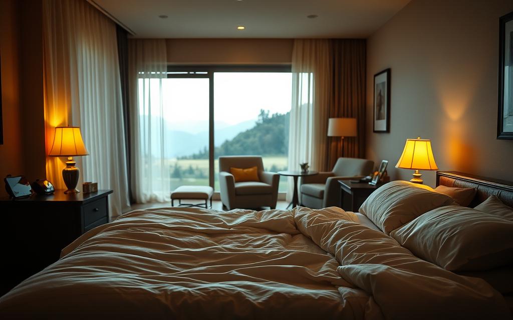 A cozy, dimly lit bedroom with soft, warm lighting filtering through sheer curtains. In the foreground, a plush, inviting bed with crisp, high-thread-count sheets and a fluffy comforter. Nightstands on either side feature a reading lamp, an alarm clock, and a few personal items. The middle ground showcases a comfortable armchair and a small side table, creating a relaxing nook. In the background, a large window overlooking a serene, natural landscape, promoting a sense of tranquility. The overall atmosphere is one of comfort, relaxation, and an ideal sleep environment. A cozy, dimly lit bedroom with soft, warm lighting filtering through sheer curtains. In the foreground, a plush, inviting bed with crisp, high-thread-count sheets and a fluffy comforter. Nightstands on either side feature a reading lamp, an alarm clock, and a few personal items. The middle ground showcases a comfortable armchair and a small side table, creating a relaxing nook. In the background, a large window overlooking a serene, natural landscape, promoting a sense of tranquility. The overall atmosphere is one of comfort, relaxation, and an ideal sleep environment.