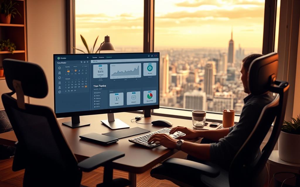 A cozy, modern office interior with an ergonomic desk, comfortable chair, and a sleek desktop computer. In the foreground, a person is working intently, their hands moving swiftly across the keyboard. Soft, warm lighting illuminates the space, creating a productive and efficient atmosphere. The middle ground features various productivity-enhancing tools, including a digital time tracking dashboard, a calendar, and a to-do list. The background showcases a panoramic view of a bustling city skyline, hinting at the broader context of small business operations. The overall scene conveys the benefits of automated time tracking, emphasizing increased productivity, better time management, and a streamlined workflow. A cozy, modern office interior with an ergonomic desk, comfortable chair, and a sleek desktop computer. In the foreground, a person is working intently, their hands moving swiftly across the keyboard. Soft, warm lighting illuminates the space, creating a productive and efficient atmosphere. The middle ground features various productivity-enhancing tools, including a digital time tracking dashboard, a calendar, and a to-do list. The background showcases a panoramic view of a bustling city skyline, hinting at the broader context of small business operations. The overall scene conveys the benefits of automated time tracking, emphasizing increased productivity, better time management, and a streamlined workflow.