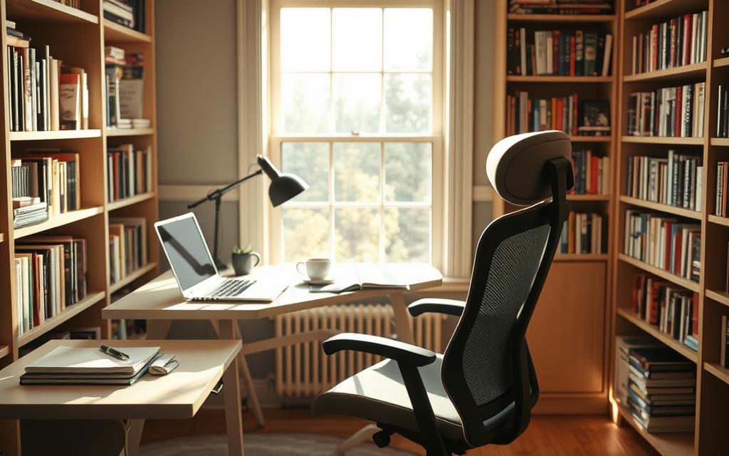 A cozy, sunlit study with an ergonomic desk and a comfortable, high-backed chair. On the desk, a laptop, a cup of coffee, and a few carefully arranged notebooks and writing utensils. Bookshelves line the walls, filled with volumes on productivity, creativity, and mindfulness. Soft, indirect lighting creates a warm, focused atmosphere, encouraging deep, uninterrupted work. The room's layout and design elements subtly reinforce the importance of minimizing distractions and cultivating a productive mindset.