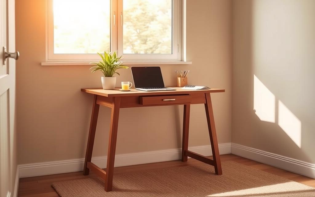 A cozy, well-organized workspace with a clean, minimalist aesthetic. A small wooden desk with a sturdy, simple design, set against a neutral-toned wall. On the desk, a laptop, a potted plant, and a few carefully placed office supplies, creating a sense of efficiency and productivity. Warm, natural lighting filters in through a large window, casting a soft glow on the space. The floor is covered in a neutral-toned, low-pile rug, adding a touch of comfort and grounding the scene. The overall atmosphere is one of calm focus, reflecting the "quick wins" approach to decluttering and simplifying the home office. A cozy, well-organized workspace with a clean, minimalist aesthetic. A small wooden desk with a sturdy, simple design, set against a neutral-toned wall. On the desk, a laptop, a potted plant, and a few carefully placed office supplies, creating a sense of efficiency and productivity. Warm, natural lighting filters in through a large window, casting a soft glow on the space. The floor is covered in a neutral-toned, low-pile rug, adding a touch of comfort and grounding the scene. The overall atmosphere is one of calm focus, reflecting the "quick wins" approach to decluttering and simplifying the home office.