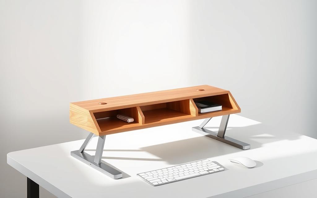 A crisp, well-lit studio photograph of a sleek, minimalist monitor riser made of natural wood and metal, showcasing its hidden storage compartments and adjustable height settings. The riser is positioned on a clean, neutral-toned desk, casting soft shadows and highlighting its elegant, functional design. The composition emphasizes the riser's practical utility and seamless integration into a modern, efficient home office setup. A crisp, well-lit studio photograph of a sleek, minimalist monitor riser made of natural wood and metal, showcasing its hidden storage compartments and adjustable height settings. The riser is positioned on a clean, neutral-toned desk, casting soft shadows and highlighting its elegant, functional design. The composition emphasizes the riser's practical utility and seamless integration into a modern, efficient home office setup.