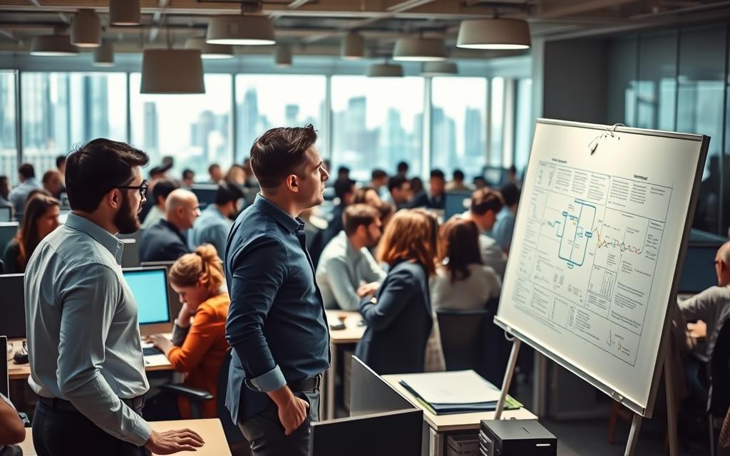 A crowded office setting, with executives and employees working diligently at their desks. In the foreground, a team leader stands at a whiteboard, mapping out a plan to optimize their workflow. Soft, directional lighting illuminates the scene, casting dynamic shadows and highlighting the focus on problem-solving. In the middle ground, colleagues collaborate, exchanging ideas and brainstorming solutions to overcome bottlenecks. The background depicts a bustling city skyline, hinting at the larger context and the need for efficient processes. The overall mood is one of determination, innovation, and a shared drive to unlock the team's full potential. A crowded office setting, with executives and employees working diligently at their desks. In the foreground, a team leader stands at a whiteboard, mapping out a plan to optimize their workflow. Soft, directional lighting illuminates the scene, casting dynamic shadows and highlighting the focus on problem-solving. In the middle ground, colleagues collaborate, exchanging ideas and brainstorming solutions to overcome bottlenecks. The background depicts a bustling city skyline, hinting at the larger context and the need for efficient processes. The overall mood is one of determination, innovation, and a shared drive to unlock the team's full potential.