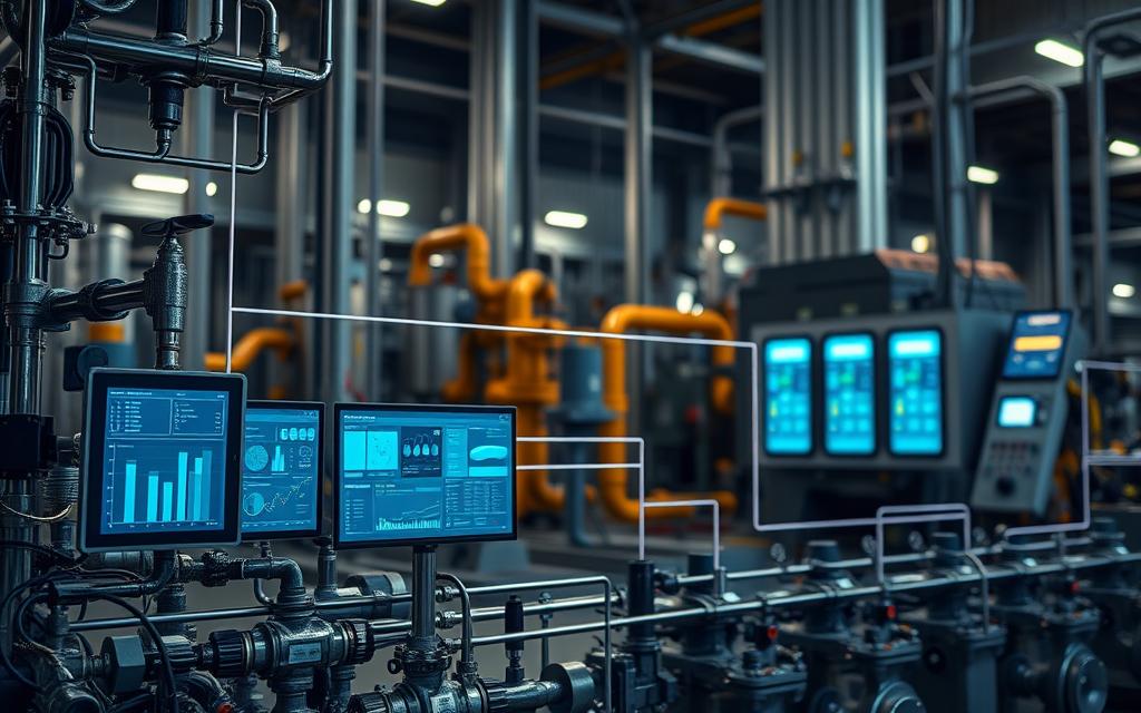 A detailed, highly technical engineering diagram depicting the step-by-step automation process flow. The foreground showcases various mechanical components, valves, and sensors intricately connected through a matrix of pipes and wires. The middle ground features a series of graphical user interface screens displaying real-time data analytics and control panels. The background is a softly blurred industrial setting with towering machinery and glowing control panels, conveying a sense of precision and efficiency. Dramatic lighting casts long shadows, highlighting the complex interplay of the automation system. The overall mood is one of technological sophistication and streamlined workflow optimization. A detailed, highly technical engineering diagram depicting the step-by-step automation process flow. The foreground showcases various mechanical components, valves, and sensors intricately connected through a matrix of pipes and wires. The middle ground features a series of graphical user interface screens displaying real-time data analytics and control panels. The background is a softly blurred industrial setting with towering machinery and glowing control panels, conveying a sense of precision and efficiency. Dramatic lighting casts long shadows, highlighting the complex interplay of the automation system. The overall mood is one of technological sophistication and streamlined workflow optimization.