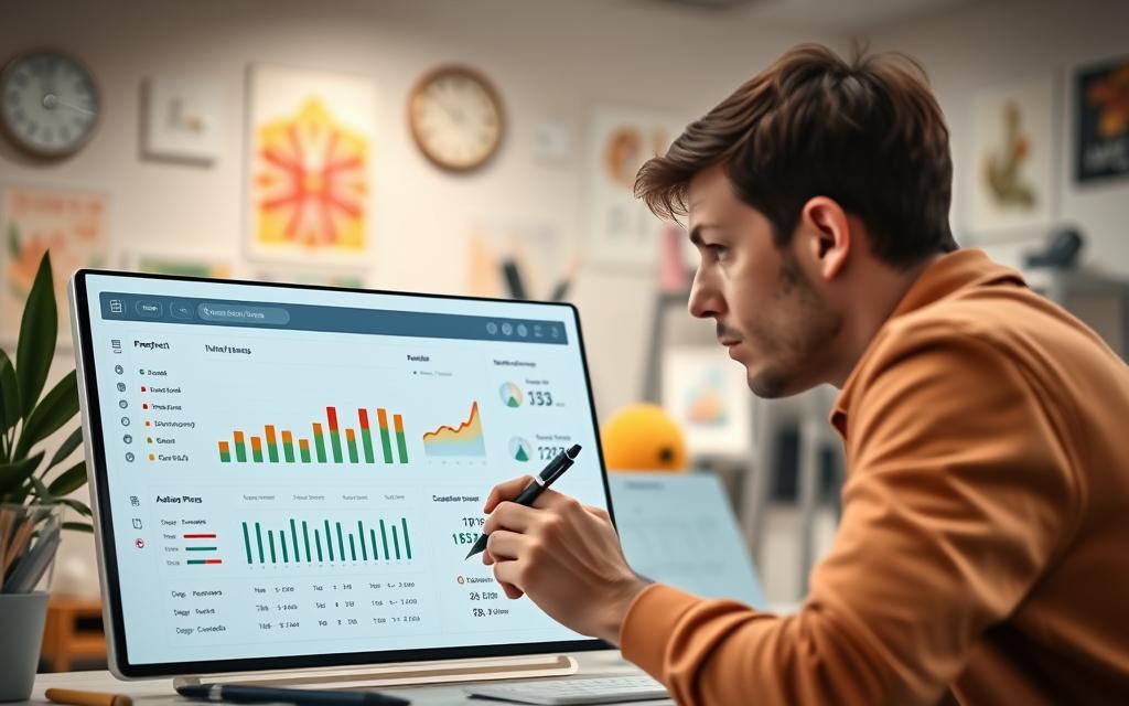 A detailed, meticulously rendered photographic image depicting the process of tracking progress and adjusting an action plan. A sleek, minimalist dashboard interface occupies the foreground, showcasing intuitive data visualizations, sliders, and controls for monitoring goals, milestones, and key performance indicators. In the middle ground, a person thoughtfully reviews the dashboard, pen in hand, considering potential refinements to their strategy. The background reveals a serene, well-organized workspace, filled with inspirational visuals and organization tools, conveying a sense of focus and intentionality. Soft, diffused lighting imbues the scene with a contemplative, analytical atmosphere.