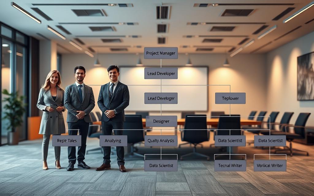 A detailed, organizational chart depicting a project team structure. The foreground shows the core team members - project manager, lead developer, designer, and quality assurance specialist - standing in a formal arrangement. The middle ground features supporting roles like business analyst, data scientist, and technical writer, arranged in a hierarchical manner. In the background, a large conference table with chairs suggests a collaborative work environment, illuminated by soft, directional lighting from overhead fixtures. The overall mood is professional, structured, and focused on efficient project management.