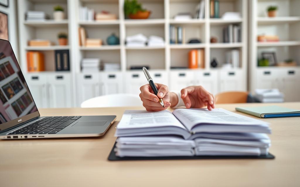 A detailed, photographic image of the Getting Things Done (GTD) productivity method. In the foreground, a clean and organized desk with a laptop, planner, and a stack of neatly arranged papers. In the middle ground, a person's hands using a pen to make notes in the planner, symbolizing the core GTD process of capturing, clarifying, and organizing tasks. The background features a minimalist, well-lit room with shelves displaying various productivity tools and books. The overall scene conveys a sense of focus, control, and efficiency, reflecting the principles of the GTD system.