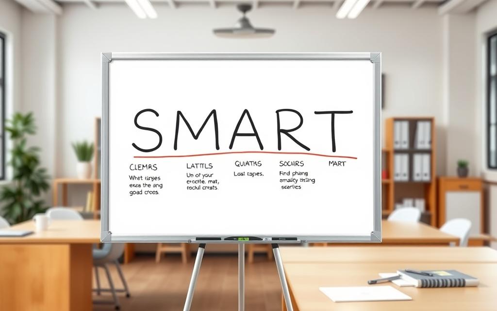 A detailed, photorealistic illustration of the SMART criteria for goal-setting displayed on a whiteboard or chalkboard. The foreground shows a clean, well-lit workplace setting with a prominent whiteboard or chalkboard taking center stage. On the board, the SMART acronym is clearly visible, with each letter represented by a concise, explanatory icon or symbol. The background is appropriately blurred, keeping the focus on the SMART framework information. The overall scene conveys a professional, educational atmosphere suitable for a business or productivity-focused article.