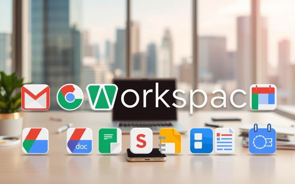 A detailed, realistic image of a Google Workspace apps overview. In the foreground, prominent icons of Google's core productivity apps such as Gmail, Drive, Docs, Sheets, Slides, and Calendar, arranged in a cohesive grid layout. In the middle ground, a clean, minimalist workspace setting with a laptop, smartphone, and other office peripherals, all rendered in a muted color palette. The background features a soft, blurred cityscape with modern high-rise buildings, hinting at a professional, corporate environment. The lighting is natural and soft, creating a sense of depth and dimension. The overall composition conveys a comprehensive, visually appealing representation of the Google Workspace ecosystem and its integration into a productive workday.