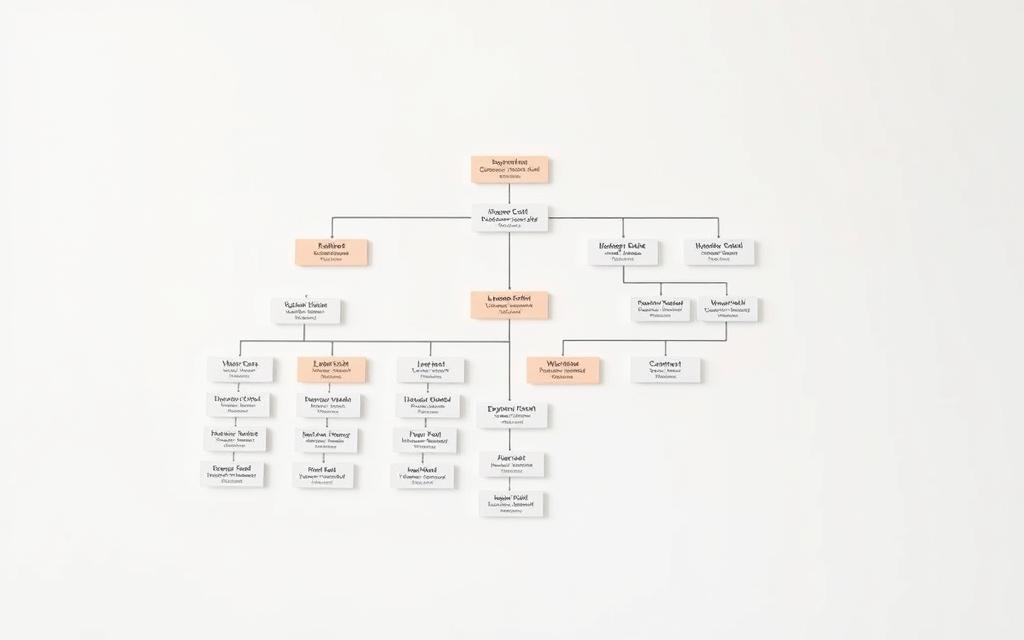 A detailed, realistic organizational chart depicted in a clean, minimalist style. The chart features distinct hierarchical levels, with carefully positioned text labels indicating the various roles and responsibilities. The layout is balanced and visually appealing, with clear delineation between departments and management tiers. The background is a neutral, light-colored workspace, providing a professional and focused environment. Subtle grid lines and a subtle drop shadow add depth and structure to the design. The overall impression is one of an efficient, well-organized project workflow.