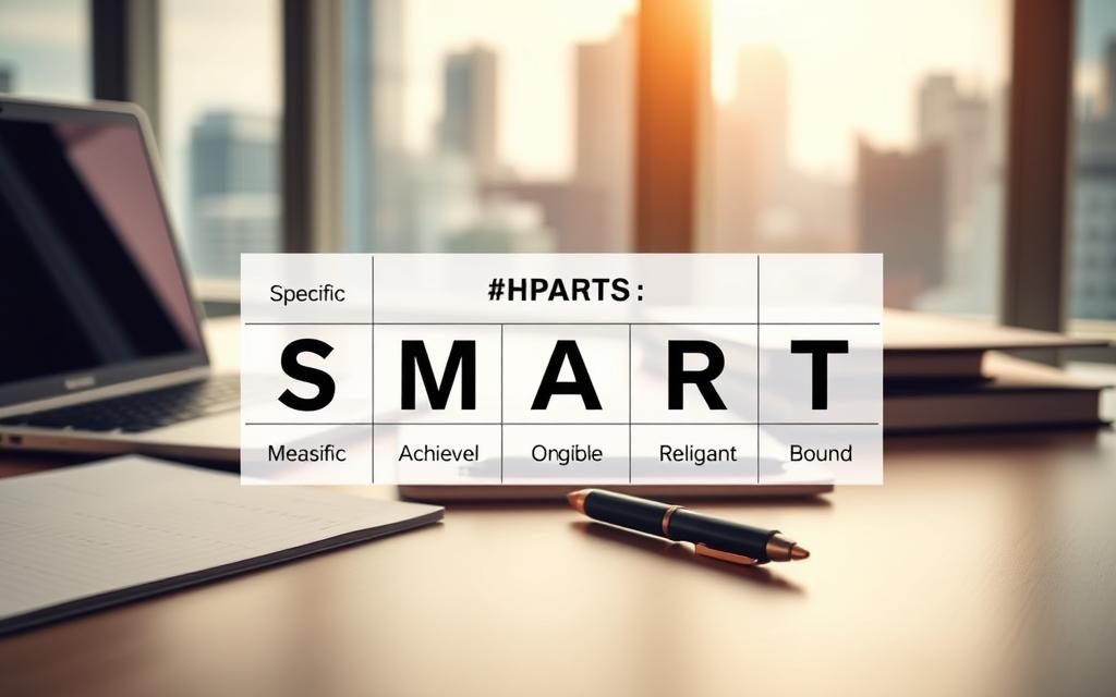 A detailed, realistic photographic image of the SMART framework for goal setting. In the foreground, a clean, minimalist grid layout displays the key components of the framework: Specific, Measurable, Achievable, Relevant, and Time-bound. The middle ground showcases various office objects like a laptop, notebook, and pen to convey a professional, goal-oriented setting. The background features a soft, blurred cityscape with skyscrapers, emphasizing the framework's application in a dynamic, ambitious work environment. The lighting is warm and directional, creating depth and highlighting the framework elements. The overall mood is one of clarity, organization, and a sense of progress towards objectives.