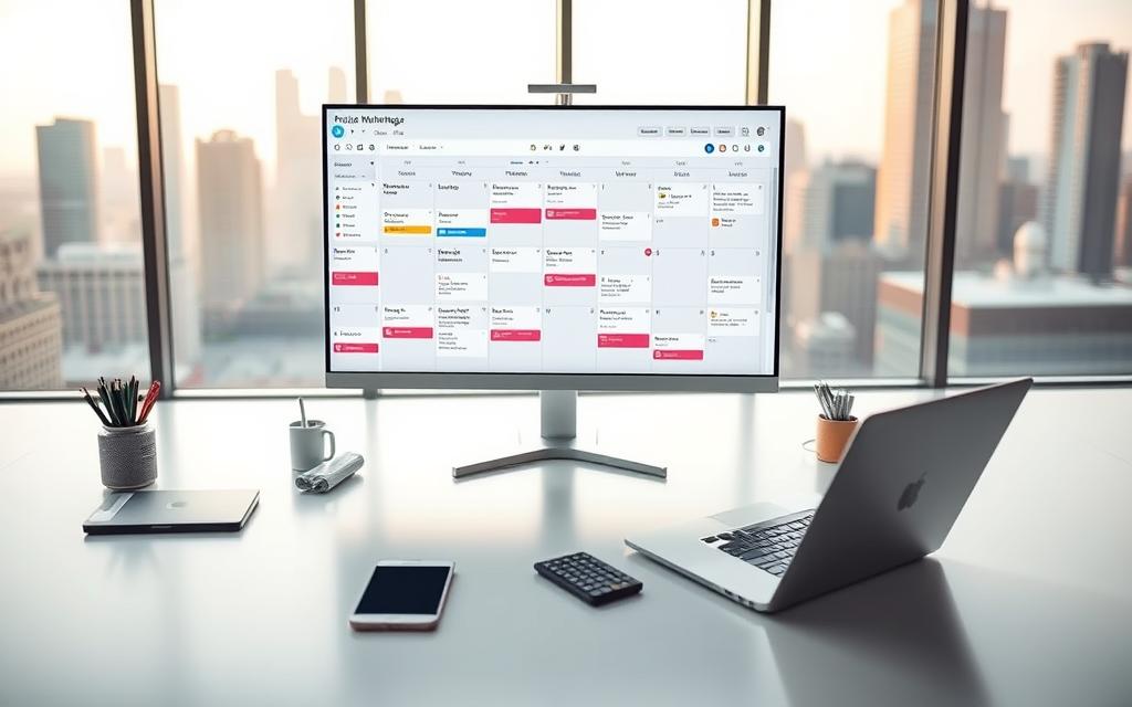 A digital workspace with a sleek, modern aesthetic. In the foreground, a clean, minimalist desk with a laptop, smartphone, and a few well-organized office supplies. In the middle ground, a large monitor displaying a meticulously crafted calendar, to-do lists, and project management software. The background showcases a serene, blurred cityscape through large windows, bathed in warm, natural lighting. The overall atmosphere is one of efficiency, organization, and productivity, conveying the power of leveraging planning tools and scheduling techniques for success.