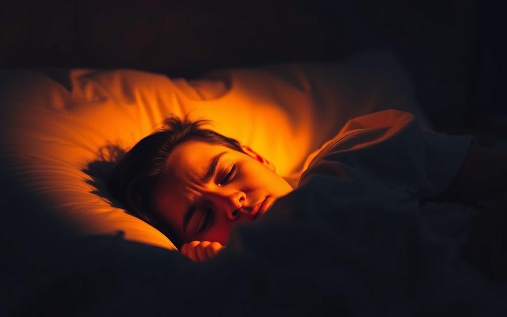 A dimly lit bedroom illuminated by a warm glow, with a person lying asleep in a bed, their face only partially visible. Surrounding them, subtle visual cues hint at the long-term health impacts of poor sleep - tired, sunken eyes, a furrowed brow, and a weary expression. The background is hazy, with muted colors suggesting a sense of fatigue and unease. The overall mood is one of concern and the viewer is left with a tangible impression of the consequences of chronic sleep deprivation. A dimly lit bedroom illuminated by a warm glow, with a person lying asleep in a bed, their face only partially visible. Surrounding them, subtle visual cues hint at the long-term health impacts of poor sleep - tired, sunken eyes, a furrowed brow, and a weary expression. The background is hazy, with muted colors suggesting a sense of fatigue and unease. The overall mood is one of concern and the viewer is left with a tangible impression of the consequences of chronic sleep deprivation.