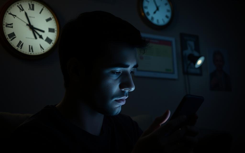 A dimly lit room, a person's face illuminated by the glow of multiple digital devices, lost in a sea of social media feeds and notifications. In the background, a clock on the wall ticks steadily, a silent reminder of the passage of time. The scene evokes a sense of distraction, overwhelm, and the struggle to maintain focus in the digital age. Soft shadows cast by the devices create an atmosphere of concentration and intensity, underscoring the tension between technology and attention. The image captures the modern attention crisis, where constant digital stimulation threatens to erode our ability to focus and be present.