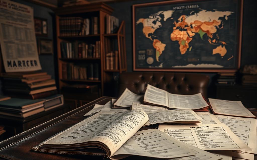 A dimly lit, vintage-inspired scene depicting the evolution of aviation checklists. In the foreground, an open flight manual with well-worn pages lies on a worn leather desk. Surrounding it, an assortment of historical checklists, from early typewritten pages to more modern, laminated checklists, are meticulously arranged. The middle ground features a weathered, wooden bookshelf filled with aged aviation reference books and logbooks. In the background, a large world map on the wall highlights the global scale of air travel. Soft, directional lighting casts a warm, nostalgic glow, evoking a sense of the rich history and importance of checklists in the aviation industry. A dimly lit, vintage-inspired scene depicting the evolution of aviation checklists. In the foreground, an open flight manual with well-worn pages lies on a worn leather desk. Surrounding it, an assortment of historical checklists, from early typewritten pages to more modern, laminated checklists, are meticulously arranged. The middle ground features a weathered, wooden bookshelf filled with aged aviation reference books and logbooks. In the background, a large world map on the wall highlights the global scale of air travel. Soft, directional lighting casts a warm, nostalgic glow, evoking a sense of the rich history and importance of checklists in the aviation industry.