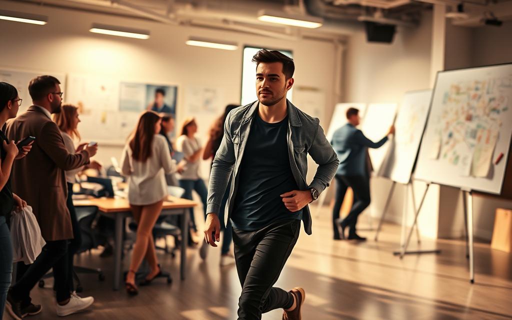 A dynamic, bustling scene capturing the essence of "taking action strategies." In the foreground, a focused individual strides purposefully, their body language conveying determination. Surrounding them, a flurry of activity – colleagues collaborating, whiteboards filled with diagrams, and a sense of collective momentum. The lighting is warm and energizing, casting a subtle glow that accentuates the productive atmosphere. In the background, a modern, well-equipped office space with clean lines and minimalist design serves as the backdrop, hinting at a professional, high-performance environment. The overall composition evokes a sense of progress, efficiency, and the transformative power of taking meaningful action towards one's goals.