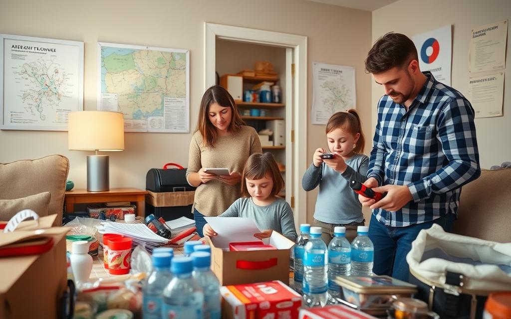 A family diligently preparing their home for potential emergencies. In the foreground, a mother and father gather essential supplies - first-aid kits, flashlights, and bottled water - while their children help organize emergency documents. The middle ground reveals a well-stocked pantry and emergency kits, showcasing the family's commitment to comprehensive readiness. In the background, a map of the local area and emergency contact information hang on the wall, indicating their thorough emergency planning. Soft, warm lighting creates a atmosphere of calm preparedness, as the family works together to ensure their safety in the face of unpredictable events.