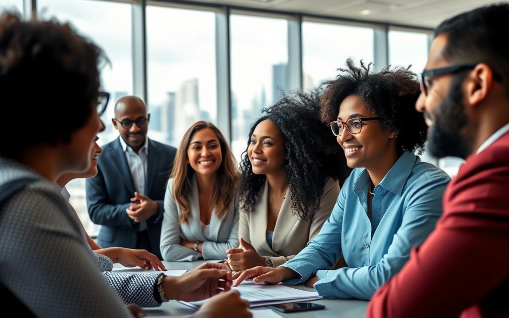 A group of diverse business leaders engaged in a meeting, with an atmosphere of collaboration and open communication. The foreground depicts the team discussing strategies, their expressions reflecting thoughtful engagement. The middle ground showcases a sleek, minimalist office space with large windows, allowing natural light to fill the room. The background suggests a bustling city skyline, hinting at the broader context and the leaders' roles in shaping the business landscape. The overall mood is one of professionalism, effectiveness, and a shared commitment to fostering a positive work environment.
