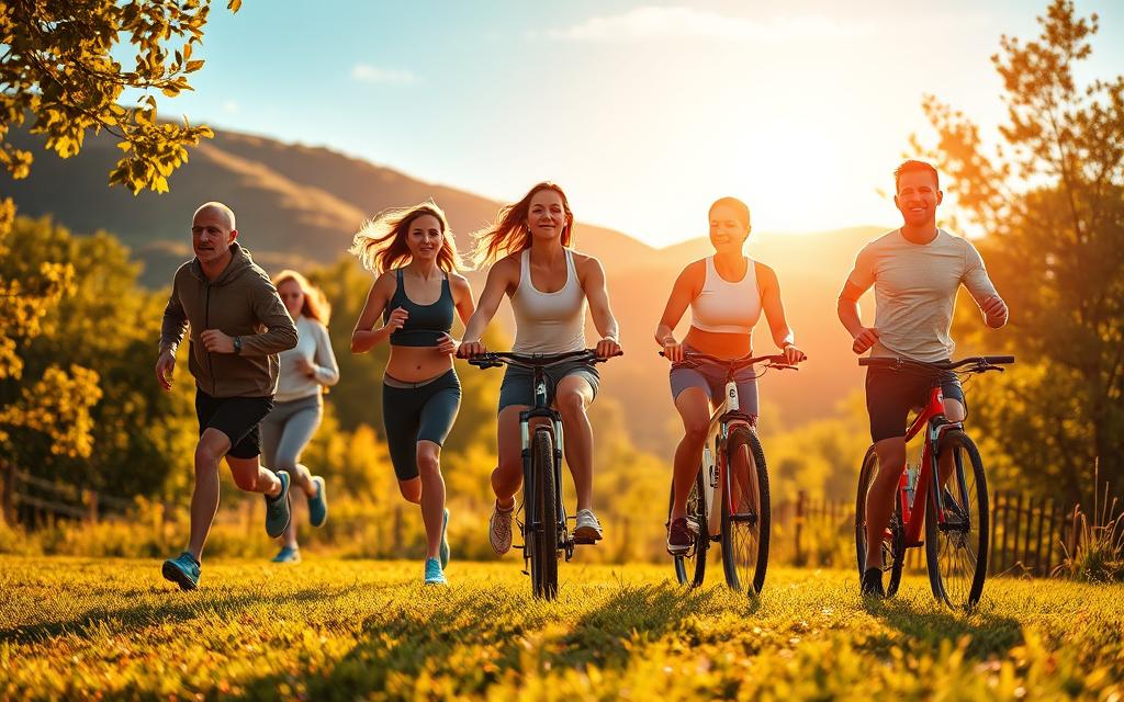 A group of people engaged in a variety of physical activities, such as jogging, cycling, and yoga, in a serene natural setting. The scene is bathed in warm, golden light, creating a sense of peace and calm. The figures move with grace and energy, their expressions focused and determined. The background features lush green foliage, rolling hills, and a clear blue sky, suggesting a tranquil and rejuvenating environment. The overall composition conveys the idea of physical exercise as a means to enhance cognitive function and brain health. A group of people engaged in a variety of physical activities, such as jogging, cycling, and yoga, in a serene natural setting. The scene is bathed in warm, golden light, creating a sense of peace and calm. The figures move with grace and energy, their expressions focused and determined. The background features lush green foliage, rolling hills, and a clear blue sky, suggesting a tranquil and rejuvenating environment. The overall composition conveys the idea of physical exercise as a means to enhance cognitive function and brain health.