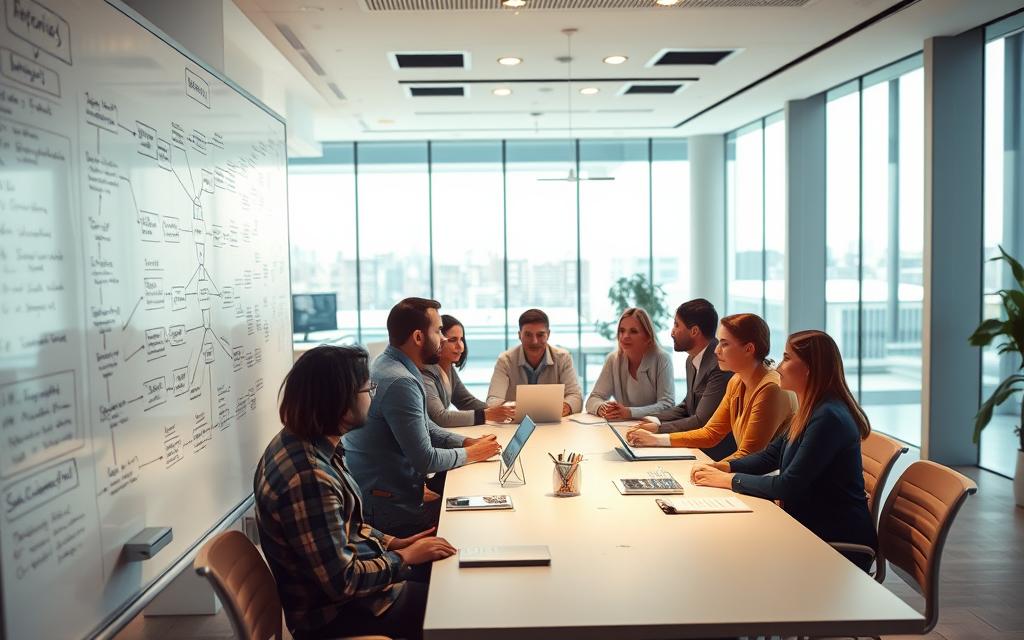 A high-key, cinematic image of an automation strategy development process. In the foreground, a whiteboard with a mind map of interconnected tasks, processes, and technologies. In the middle ground, a diverse team of professionals gathered around a conference table, deeply engaged in discussion. Soft, directional lighting illuminates their focused expressions. In the background, a panoramic view of a modern, minimalist office space with floor-to-ceiling windows, hinting at the larger organizational context. The overall atmosphere conveys a sense of strategic vision, collaborative problem-solving, and a commitment to optimizing workflows through carefully considered automation.