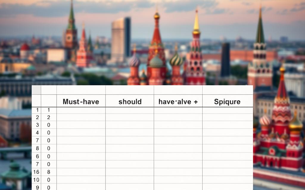 A high-resolution photographic, realistic image of a spreadsheet or diagram representing the MoSCoW prioritization method. The foreground shows the four prioritization categories - Must Have, Should Have, Could Have, and Won't Have - laid out in a grid or flow chart. The middle ground depicts Moscow's iconic landmarks like the Kremlin, St. Basil's Cathedral, and Red Square, symbolizing the method's origins. The background is a soft, blurred cityscape of Moscow at dusk, with warm lighting and a sense of focus and intentionality.