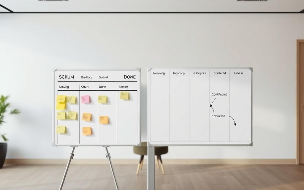 A high-resolution, photorealistic image depicting a side-by-side comparison of Scrum and Kanban workflow diagrams. In the foreground, a Scrum board with columns for Backlog, Sprint, and Done, with sticky notes representing tasks. In the middle ground, a Kanban board with columns for Incoming, In Progress, and Completed, showcasing a fluid, continuous workflow. The background features a neutral, minimalist office setting with clean lines and muted colors, allowing the workflow diagrams to be the focal point. The lighting is natural and diffused, creating a professional, informative atmosphere. A high-resolution, photorealistic image depicting a side-by-side comparison of Scrum and Kanban workflow diagrams. In the foreground, a Scrum board with columns for Backlog, Sprint, and Done, with sticky notes representing tasks. In the middle ground, a Kanban board with columns for Incoming, In Progress, and Completed, showcasing a fluid, continuous workflow. The background features a neutral, minimalist office setting with clean lines and muted colors, allowing the workflow diagrams to be the focal point. The lighting is natural and diffused, creating a professional, informative atmosphere.