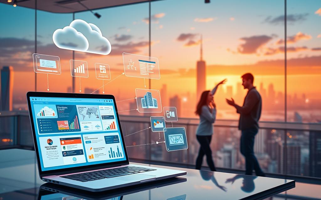 A high-resolution, photorealistic image depicting a vibrant and futuristic workspace filled with cutting-edge cloud-based productivity tools. In the foreground, a sleek laptop displays a suite of collaborative software, its screen glowing with vivid graphics and intuitive interfaces. Floating holographic displays emanate from the laptop, showcasing real-time data and project management dashboards. In the middle ground, a dynamic team of professionals seamlessly interact with these digital tools, using gesture-based controls and voice commands to coordinate their tasks. The background features a panoramic cityscape, with towering skyscrapers and a gleaming, high-tech infrastructure, symbolizing the integrated, cloud-based nature of these productivity solutions. The scene is bathed in a warm, futuristic lighting, conveying a sense of innovation, efficiency, and the promise of a transformed, optimized workday.