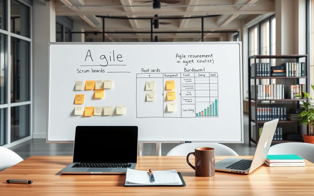A high-resolution, photorealistic image of a neatly organized workspace showcasing various Agile project management tools. In the foreground, a whiteboard displays a Scrum board with Post-it notes, Kanban cards, and a burndown chart. On the desk, a laptop, a pen, and a notebook are arranged alongside a coffee mug. The middle ground features a bookshelf with titles on Agile methodologies and project management. The background depicts a modern office environment with large windows, allowing natural light to filter in and create a warm, productive atmosphere. A high-resolution, photorealistic image of a neatly organized workspace showcasing various Agile project management tools. In the foreground, a whiteboard displays a Scrum board with Post-it notes, Kanban cards, and a burndown chart. On the desk, a laptop, a pen, and a notebook are arranged alongside a coffee mug. The middle ground features a bookshelf with titles on Agile methodologies and project management. The background depicts a modern office environment with large windows, allowing natural light to filter in and create a warm, productive atmosphere.