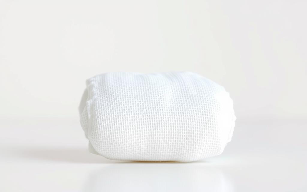 A high-resolution, photorealistic image of a soft, absorbent medical gauze pad or sponge, capturing its delicate, fibrous texture. The sponge should be positioned in the center of the frame, with a clean, well-lit background that creates a calm, clinical atmosphere. The lighting should be diffused and even, highlighting the subtle shades and tones of the gauze material. The angle should be slightly elevated, providing a clear, detailed view of the sponge's surface and edges. The depth of field should be shallow, keeping the sponge in sharp focus while softening the background. The overall impression should convey the essential role of this basic first aid supply in maintaining health and well-being.