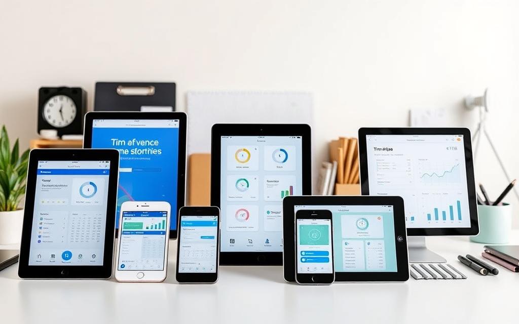 A high-resolution, photorealistic image of a tabletop scene showcasing a comparison of various time tracking tools for small businesses. The foreground features several digital tablets and smartphones arranged in a neat display, each running different time tracking software interfaces. The middle ground shows neatly organized office supplies and accessories, creating a professional workspace atmosphere. The background features a neutral, softly lit wall, allowing the focus to remain on the comparison of the digital tools. The overall lighting is natural and diffused, creating a clean and sophisticated visual composition. A high-resolution, photorealistic image of a tabletop scene showcasing a comparison of various time tracking tools for small businesses. The foreground features several digital tablets and smartphones arranged in a neat display, each running different time tracking software interfaces. The middle ground shows neatly organized office supplies and accessories, creating a professional workspace atmosphere. The background features a neutral, softly lit wall, allowing the focus to remain on the comparison of the digital tools. The overall lighting is natural and diffused, creating a clean and sophisticated visual composition.
