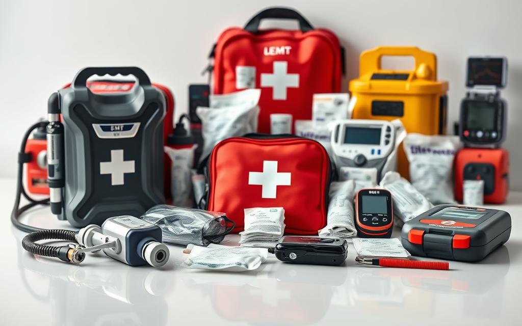 A highly detailed, photorealistic image of a collection of advanced EMT (Emergency Medical Technician) tools and equipment, neatly arranged on a clean, reflective surface. The foreground features a sleek, modern defibrillator, an oxygen mask and tubing, and a compact, state-of-the-art trauma kit. In the middle ground, a high-tech pulse oximeter, a portable suction device, and a range of specialized bandages and dressings are displayed. The background showcases a selection of cutting-edge medical monitoring devices, including a handheld ECG (Electrocardiogram) scanner and a portable ultrasound machine. The lighting is soft and directional, highlighting the gleaming, high-quality materials and the advanced technological features of the equipment. The overall atmosphere conveys a sense of professionalism, innovation, and preparedness for modern emergency medical situations.