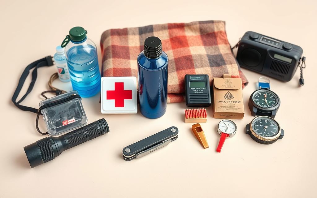 A meticulously arranged selection of essential emergency kit items lies on a clean, neutral backdrop. In the foreground, a sturdy flashlight, a compact first-aid kit, and a multi-tool with various attachments stand ready for immediate use. In the middle ground, a high-quality water bottle, a weatherproof survival blanket, and a durable, waterproof matchbox create a sense of preparedness. The background features a high-quality compass, a whistle for signaling, and a portable radio for emergency communication, all illuminated by soft, natural lighting that emphasizes their utility and resilience.