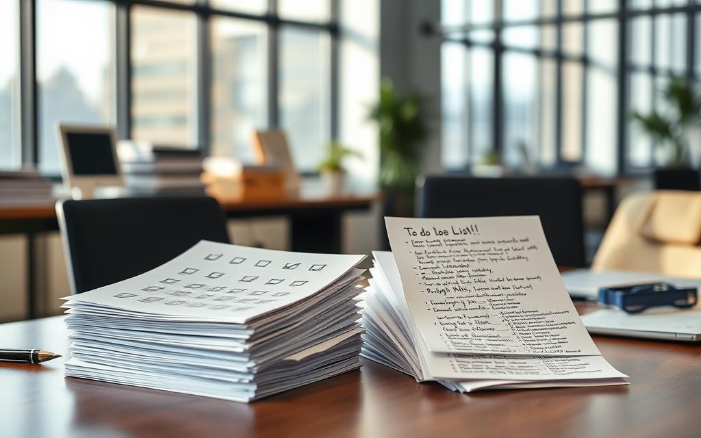 A meticulously crafted office scene, illuminated by natural light filtering through large windows. On the desk, two piles of paper stand in contrast - one neatly organized with checkboxes, the other a cascading array of handwritten tasks. The checklist, with its systematic structure, conveys a sense of order and accomplishment, while the to-do list, with its organic flow, suggests a more flexible, adaptable approach. The scene captures the nuanced differences between these two productivity tools, inviting the viewer to consider their respective merits and applications. A meticulously crafted office scene, illuminated by natural light filtering through large windows. On the desk, two piles of paper stand in contrast - one neatly organized with checkboxes, the other a cascading array of handwritten tasks. The checklist, with its systematic structure, conveys a sense of order and accomplishment, while the to-do list, with its organic flow, suggests a more flexible, adaptable approach. The scene captures the nuanced differences between these two productivity tools, inviting the viewer to consider their respective merits and applications.