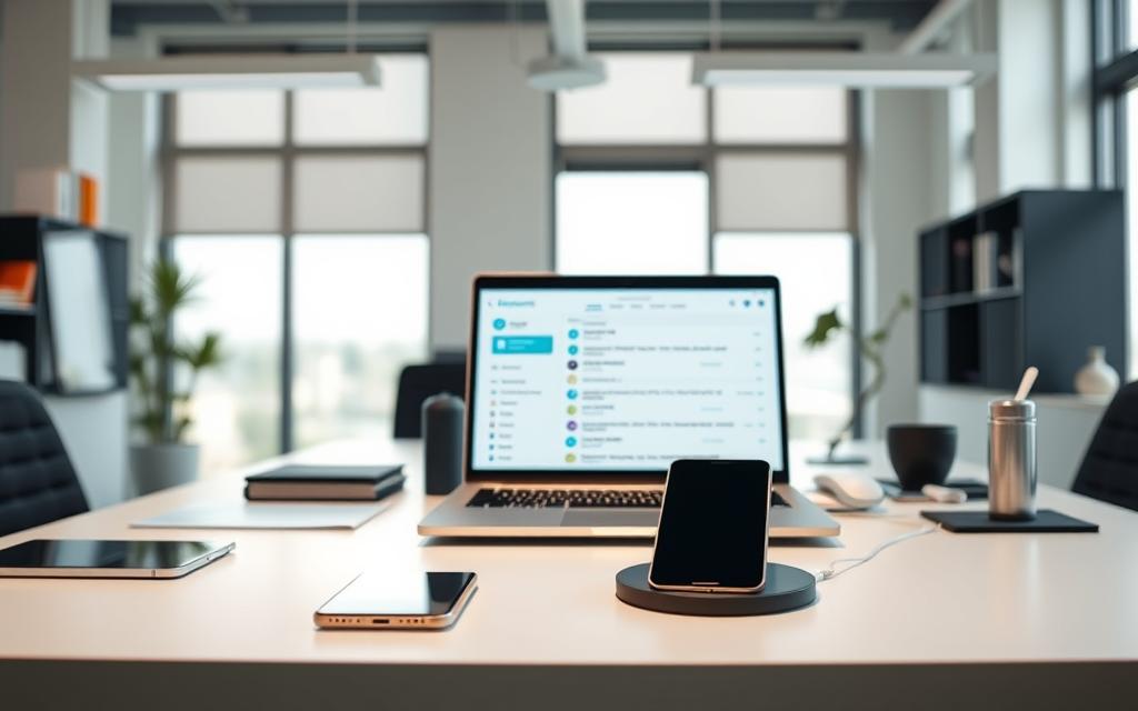 A meticulously crafted office scene showcasing a variety of modern email management applications. In the foreground, an open laptop displays an intuitive email dashboard, surrounded by a variety of smart devices and digital organization tools. The middle ground features a sleek, minimalist desk with a strategically placed smartphone, tablet, and wireless charging pad. The background depicts a bright, airy workspace with large windows, allowing natural light to illuminate the scene. The overall atmosphere conveys a sense of efficiency, productivity, and streamlined communication, perfectly reflecting the article's theme of "Streamlining Your Communication with Dedicated Productivity Apps, Email Management and AI-Assisted Replies".