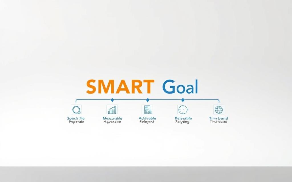 A meticulously designed infographic depicting the SMART goal framework, presented against a clean, minimalist backdrop. The foreground showcases the five key elements of the framework - Specific, Measurable, Achievable, Relevant, and Time-bound - arranged in a visually striking manner, utilizing a harmonious color palette and elegant typography. The middle ground features subtle, illustrative icons or symbols that visually reinforce the concept of each SMART goal component. The background maintains a soft, uniform tonality, allowing the central framework to take center stage and command attention. Captured with a high-resolution camera, the overall image conveys a sense of clarity, professionalism, and a keen focus on effective goal-setting strategies. A meticulously designed infographic depicting the SMART goal framework, presented against a clean, minimalist backdrop. The foreground showcases the five key elements of the framework - Specific, Measurable, Achievable, Relevant, and Time-bound - arranged in a visually striking manner, utilizing a harmonious color palette and elegant typography. The middle ground features subtle, illustrative icons or symbols that visually reinforce the concept of each SMART goal component. The background maintains a soft, uniform tonality, allowing the central framework to take center stage and command attention. Captured with a high-resolution camera, the overall image conveys a sense of clarity, professionalism, and a keen focus on effective goal-setting strategies.