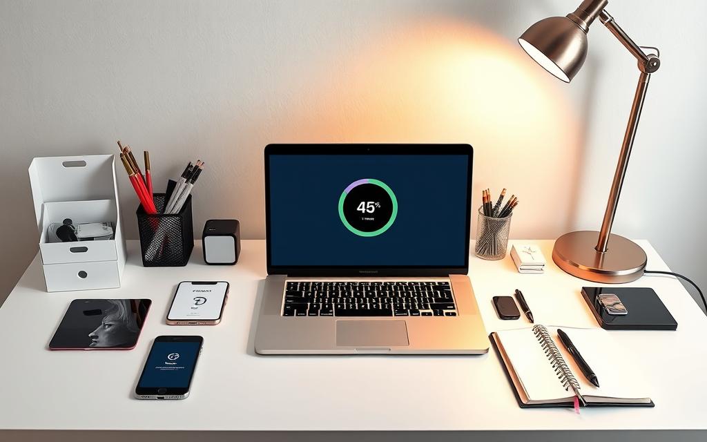A meticulously designed workstation with an assortment of productivity-enhancing tools arranged in a neat, organized manner. A sleek, minimalist laptop sits center stage, its screen displaying a Pomodoro timer app. Surrounding it, a collection of digital devices and analog accessories - a smartphone with a focus-boosting app, a stylish desk organizer, a high-quality pen and notebook, and a tasteful desk lamp casting a warm, focused glow. The entire scene is captured in a crisp, high-resolution photograph, showcasing the harmonious integration of technology and traditional productivity aids to create an efficient, distraction-free workspace.