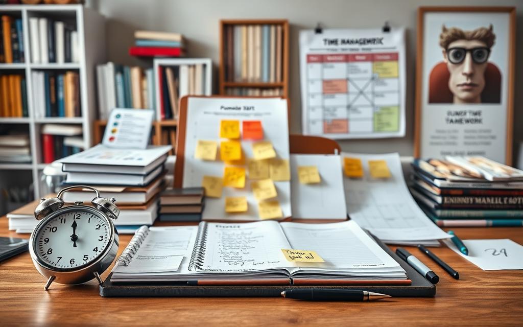 A meticulously detailed, realistic photographic image of various time management frameworks and techniques arranged neatly on a wooden desk. In the foreground, a Pomodoro timer, a daily planner, and several sticky notes with scribbled to-do lists. In the middle ground, a Gantt chart, a Kanban board, and a calendar with color-coded scheduling. In the background, a bookshelf filled with time management books and a framed poster showcasing the Eisenhower Matrix. Soft, natural lighting illuminates the scene, creating a focused and productive atmosphere.