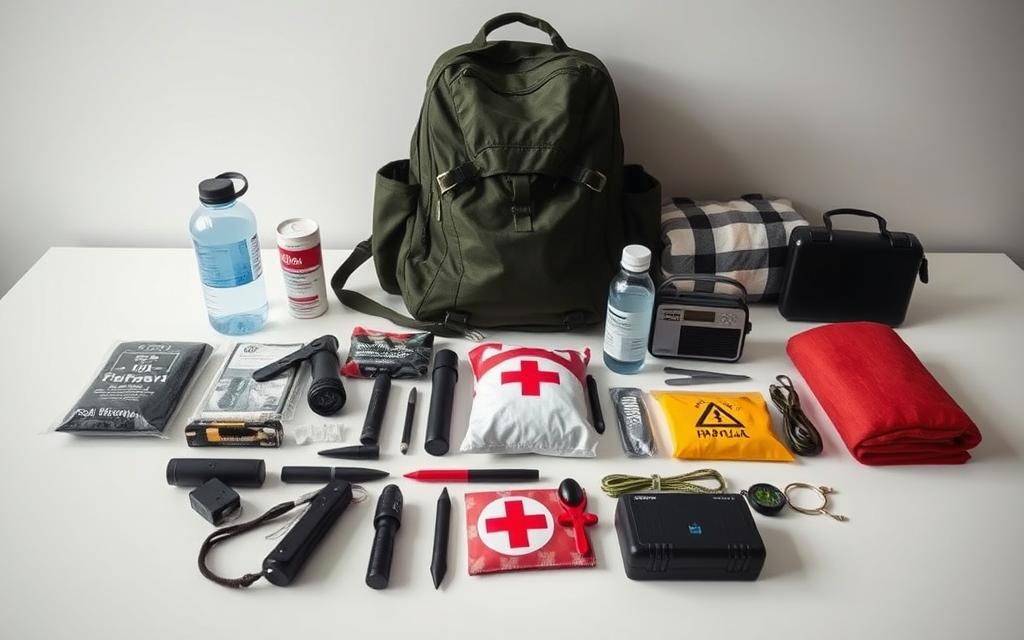 A meticulously organized and well-stocked basic disaster kit, neatly arranged on a minimalist white table with soft, even lighting. In the foreground, a sturdy backpack, a first-aid kit, a flashlight, and a battery-powered radio stand out. The middle ground features a water bottle, a multi-tool, and a survival whistle. In the background, a compact set of emergency supplies, including a blanket, a crank-powered charger, and a compass, create a sense of preparedness and self-reliance. The overall composition conveys a tone of practicality, efficiency, and attention to detail, reflecting the importance of being prepared for unexpected emergencies.