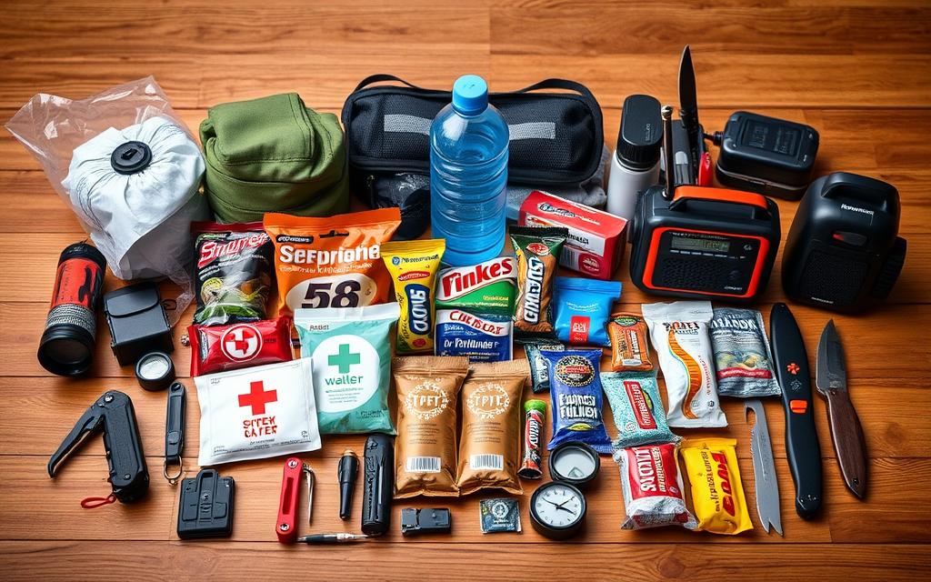 A meticulously organized assortment of essential emergency kit components, neatly arranged on a wooden surface. In the foreground, a flashlight, a first-aid kit, and a multi-tool sit alongside a whistle and a compass. The middle ground features a water bottle, energy bars, and a survival blanket, all illuminated by a soft, natural lighting. In the background, a portable radio, a fire starter, and a utility knife complete the comprehensive set of supplies, creating a visually appealing and informative display of the essential items needed for emergency preparedness.