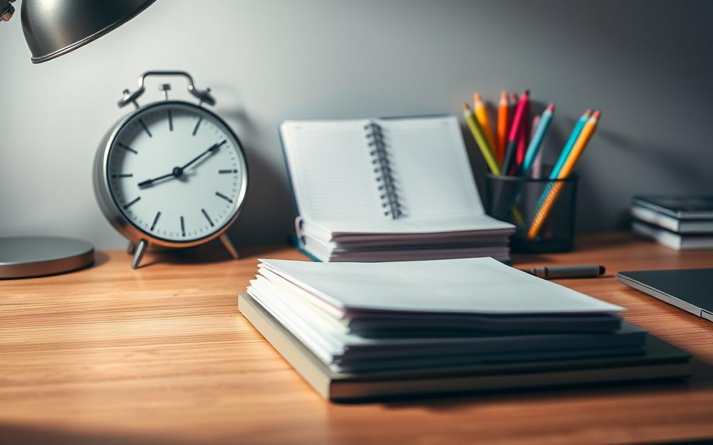 A meticulously organized desk, its surface adorned with a sleek analog clock, a minimalist planner, and a set of color-coded pens. Soft, diffused lighting illuminates the scene, casting gentle shadows that accentuate the clean lines and minimalist aesthetic. In the middle ground, a neatly stacked pile of papers and a laptop, symbolizing the efficient management of tasks and information. The background subtly blurs, drawing the viewer's focus to the essential elements of effective time management - structure, prioritization, and attention to detail. The overall impression is one of calm, control, and a harmonious balance between work and personal life.