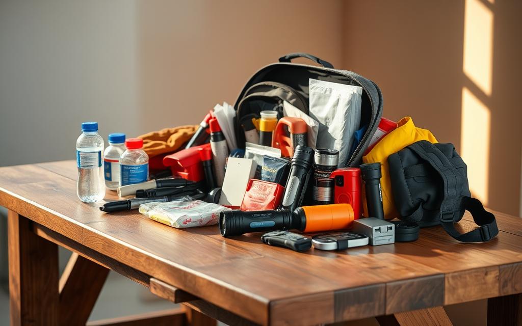 A meticulously organized emergency preparedness kit rests on a sturdy wooden table, bathed in warm, natural lighting. The kit comprises an array of vital items - water bottles, first-aid supplies, flashlights, and weatherproof gear - neatly arranged and easily accessible. The scene conveys a sense of order and readiness, underscoring the importance of being prepared for unforeseen emergencies. The background features a subtly blurred, neutral-toned environment, allowing the kit to take center stage and showcase its practical, functional design. The overall composition and attention to detail create a visually striking and informative representation of the essential elements of emergency preparedness.